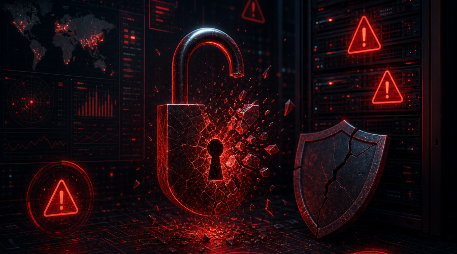 Cracked digital security shield with glowing red warning indicators and server rack vulnerability overlays on a dark background