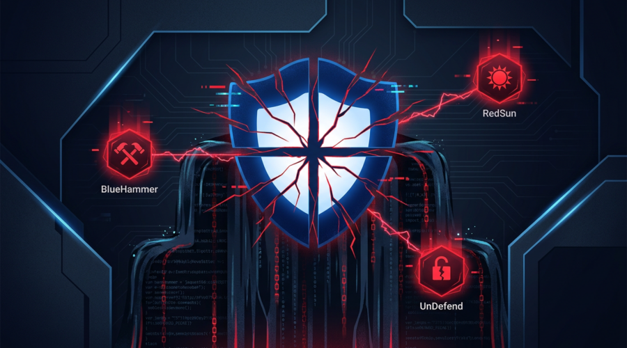 Stylized cybersecurity scene: a glowing blue shield cracked by red electric lines, with icons labeled BlueHammer, RedSun, and UnDefend.